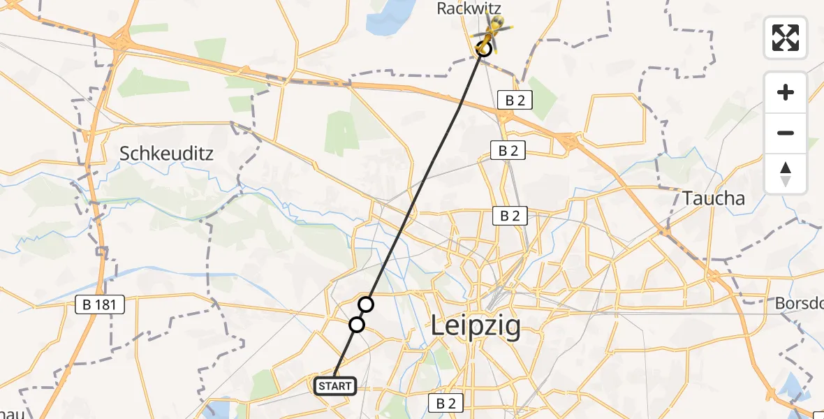 Flugroute Rettungshubschrauber Leipzig - Rackwitz, 10 Juli 2026, 06:52
