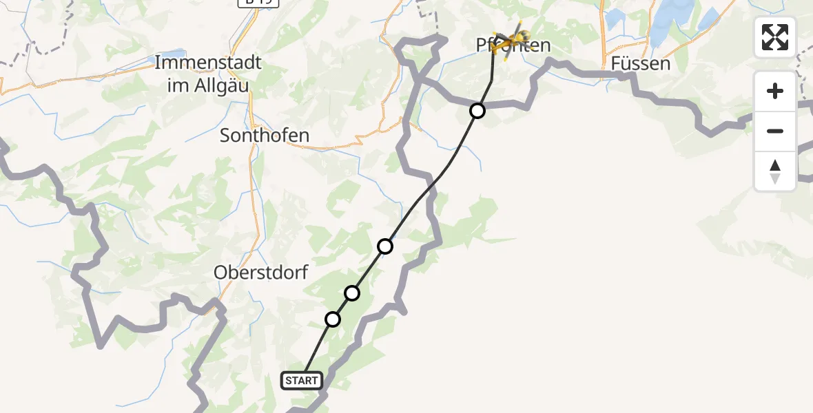 Flugroute Rettungshubschrauber Oberstdorf - Pfronten, 10 Juli 2026, 06:52