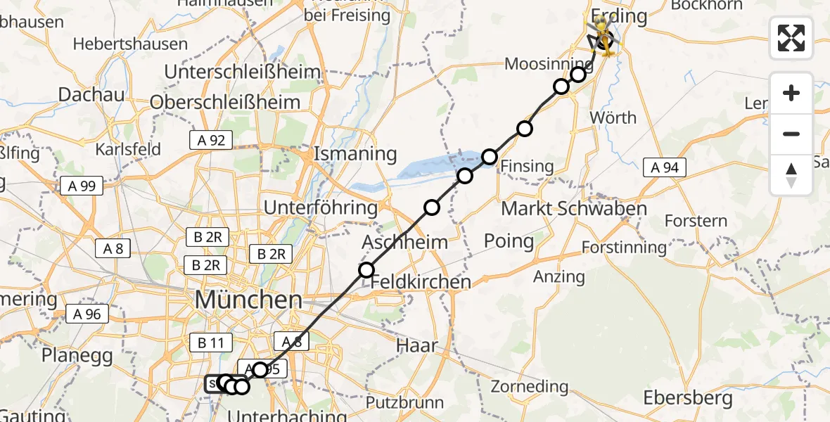 Flugroute Rettungshubschrauber München - Erding District Hospital, 10 Juli 2026, 06:54