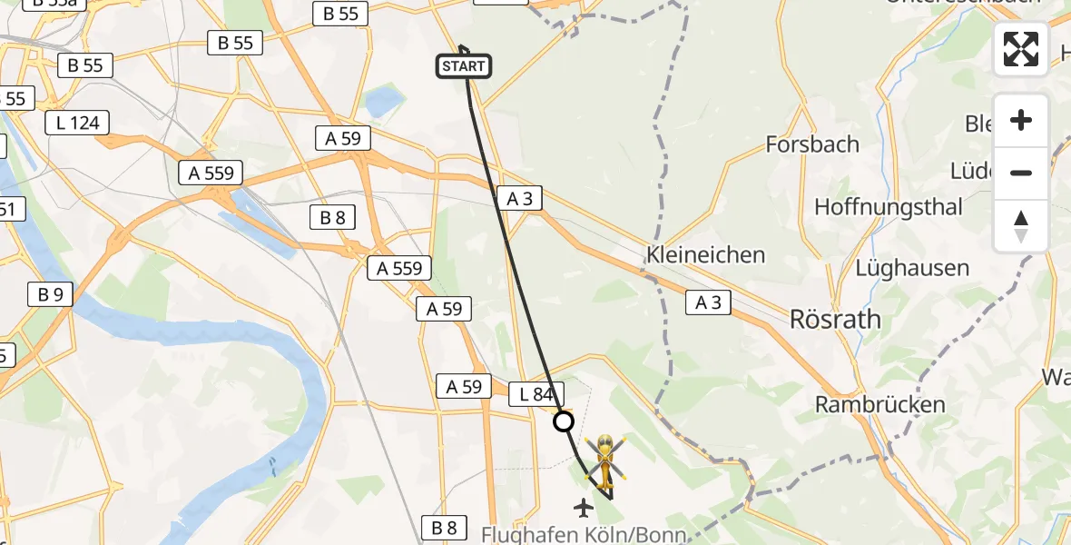 Flugroute Ambulanzhubschrauber Köln - Köln Bonn Flughafen, 10 Juli 2026, 06:56