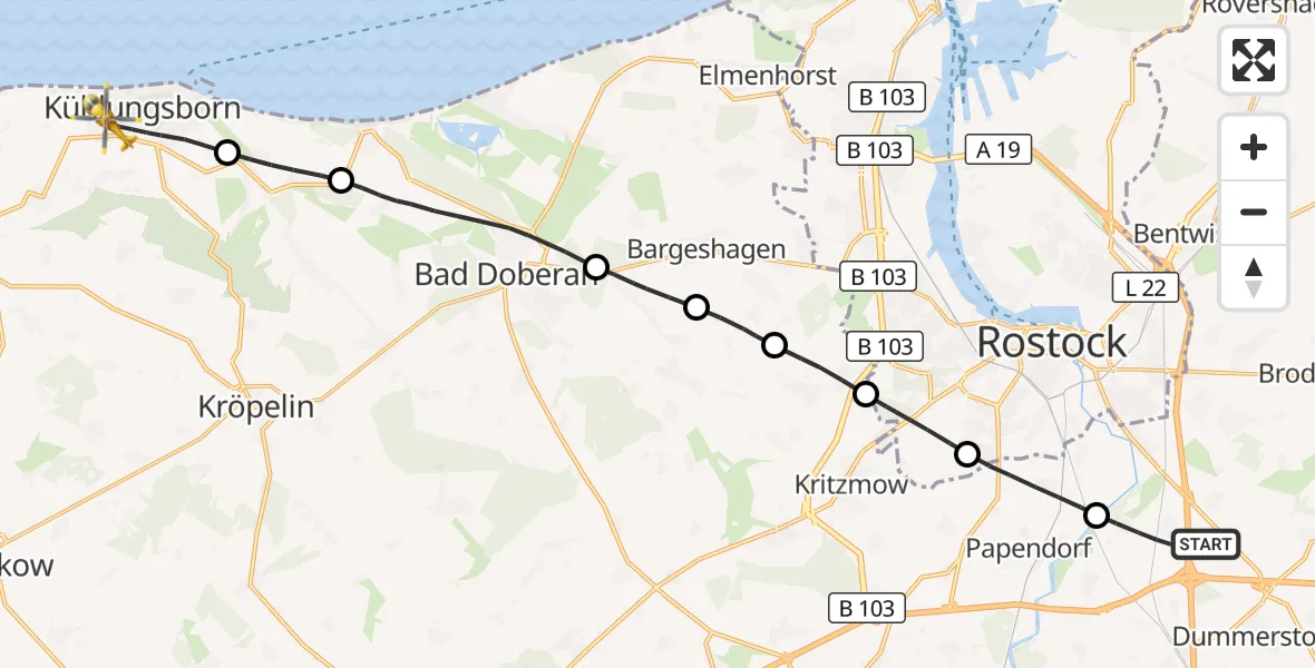 Flugroute Ambulanzhubschrauber Dummerstorf - Kühlungsborn, 10 Juli 2026, 06:59