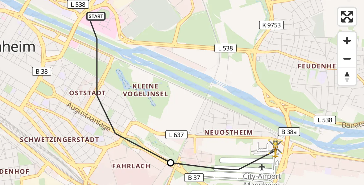 Flugroute Rettungshubschrauber Mannheim - Mannheim-City Flughafen, 10 Juli 2026, 07:01