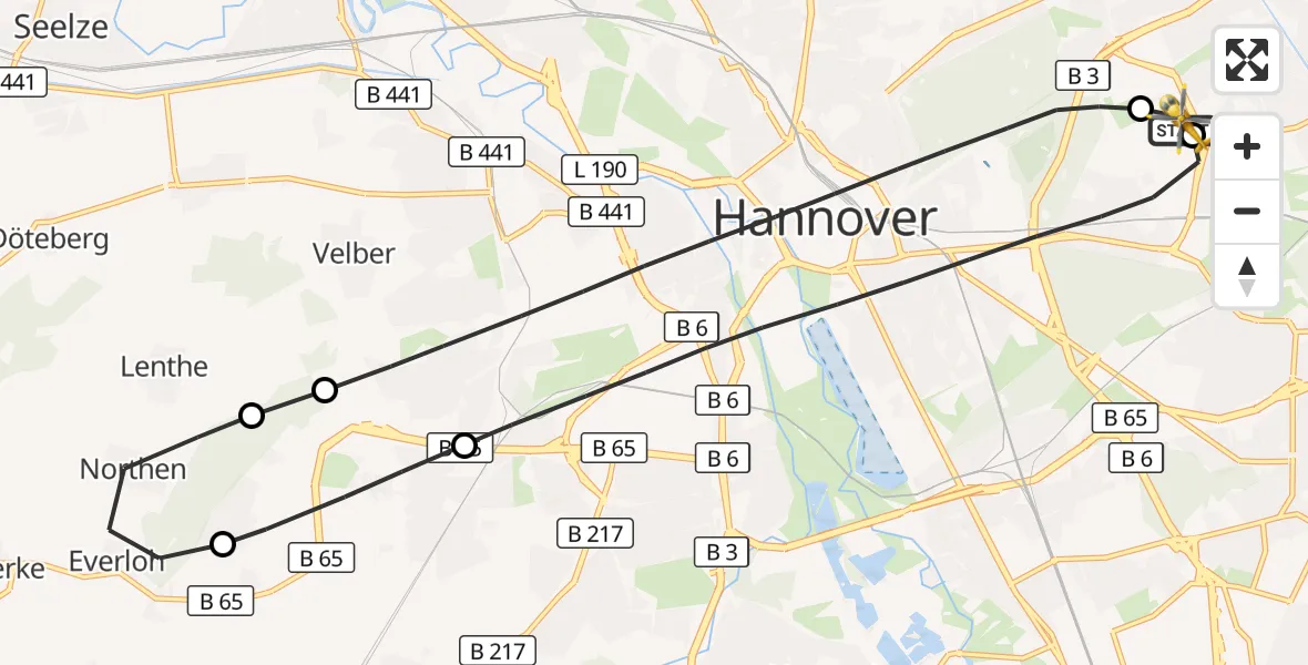 Flugroute Rettungshubschrauber Hannover Luftrettung Hubschrauberlandeplatz (Christoph 4) - Hannover Luftrettung Hubschrauberlandeplatz (Christoph 4), 10 Juli 2026, 07:03