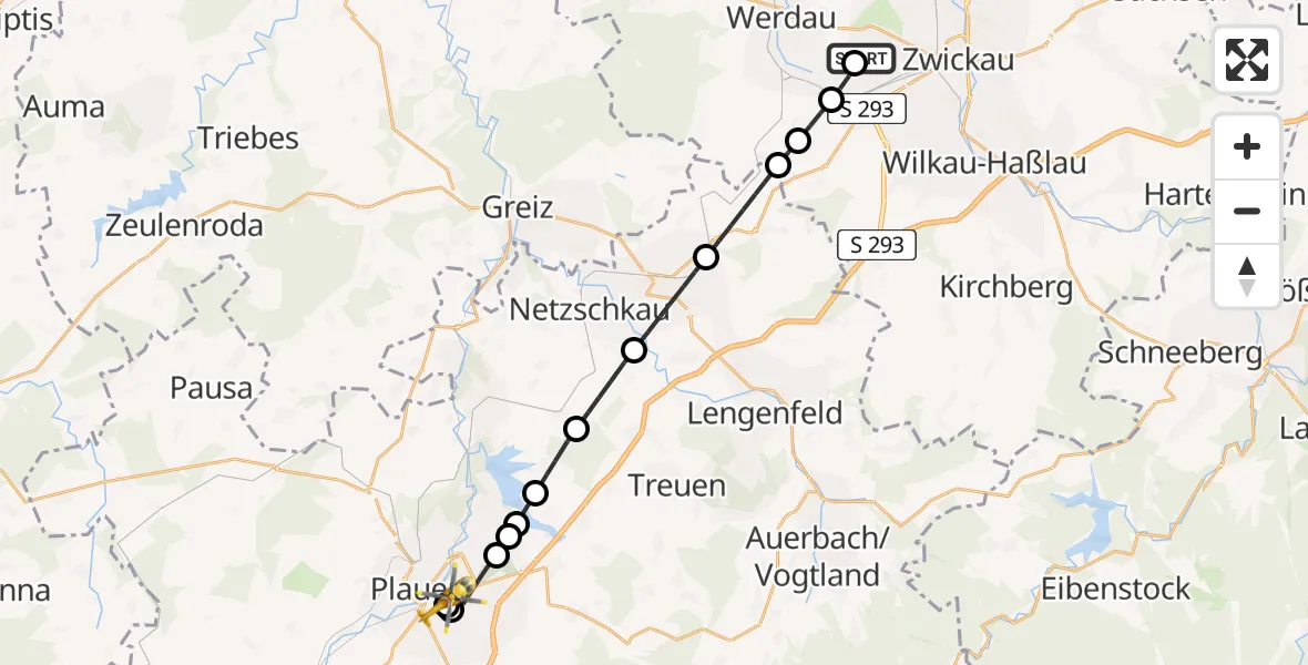 Flugroute Rettungshubschrauber ADAC Air Rescue Station Zwickau Hubschrauberlandeplatz - Helios Clinic Plauen, 10 Juli 2026, 07:03