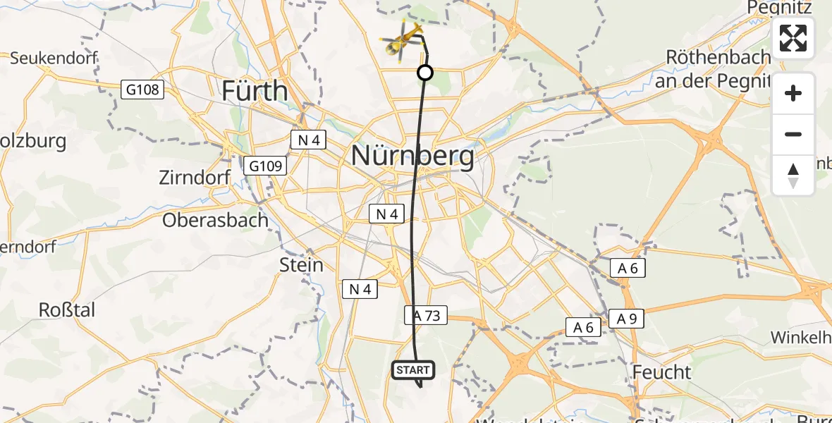 Flugroute Ambulanzhubschrauber Nürnberg - Flughafen Nuremberg, 10 Juli 2026, 07:04