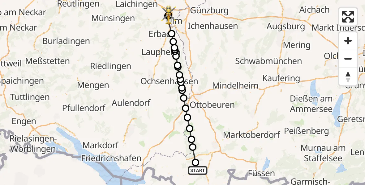 Flugroute Rettungshubschrauber Immenstadt i.Allgäu - ADAC Air Rescue Station Ulm (Christoph 22), 10 Juli 2026, 07:07