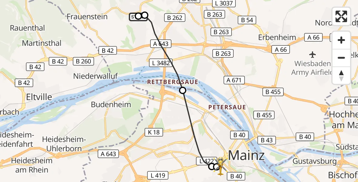 Flugroute Rettungshubschrauber Helios Horst Schmidt Clinic (HSK) - Mainz University Hospital, 10 Juli 2026, 07:14