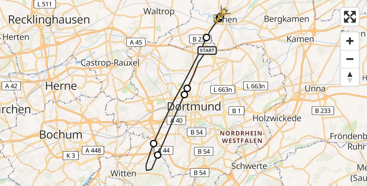 Flugroute Rettungshubschrauber Dortmund - Sankt Marien Hospital, 10 Juli 2026, 07:16