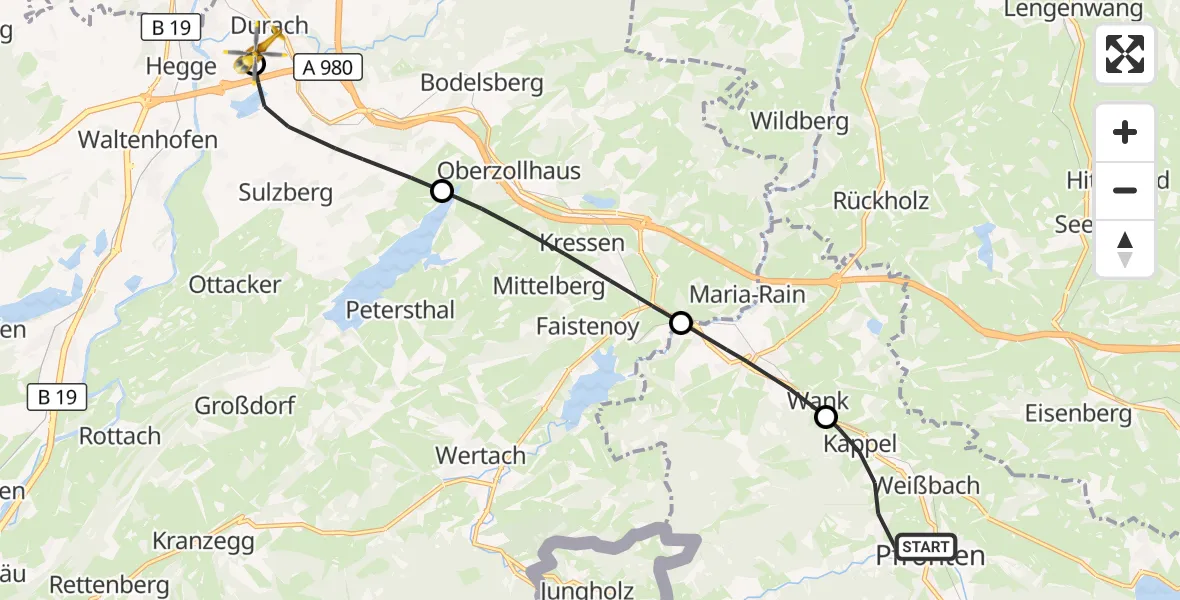 Flugroute Rettungshubschrauber Pfronten - Kempten-Durach Flugplatz, 10 Juli 2026, 07:18