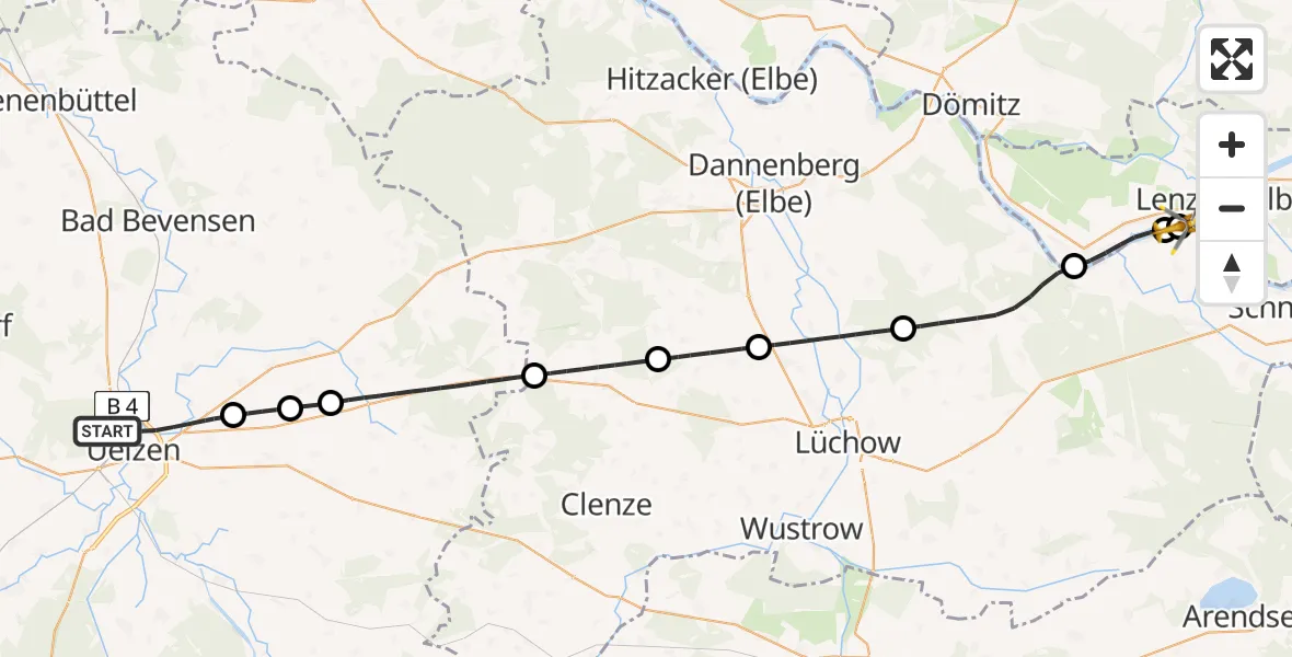 Flugroute Rettungshubschrauber Uelzen - Höhbeck, 10 Juli 2026, 07:19