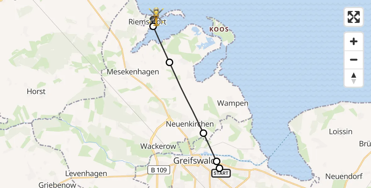 Flugroute Rettungshubschrauber Greifswald Hospital - Greifswald, 10 Juli 2026, 07:20