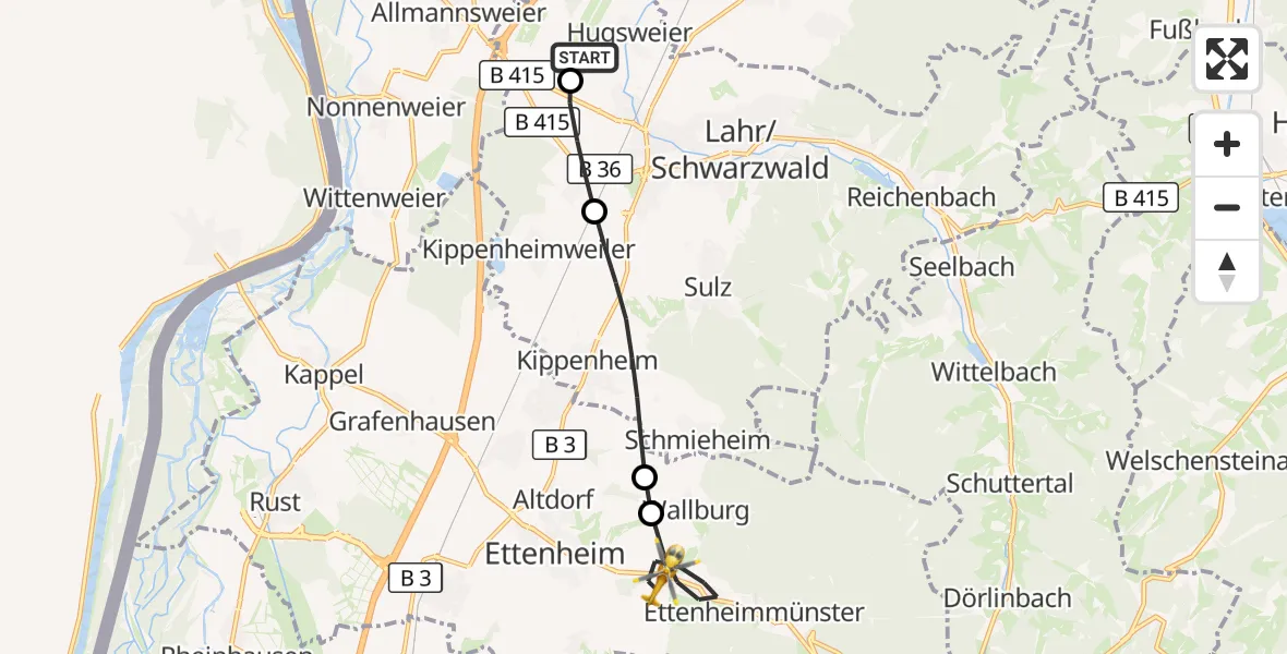 Flugroute Rettungshubschrauber Lahr Flughafen - Ettenheim, 10 Juli 2026, 07:22