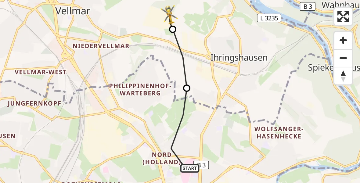 Flugroute Rettungshubschrauber Kassel - Fuldatal Bundespolizei Hubschrauberlandeplatz, 10 Juli 2026, 07:23