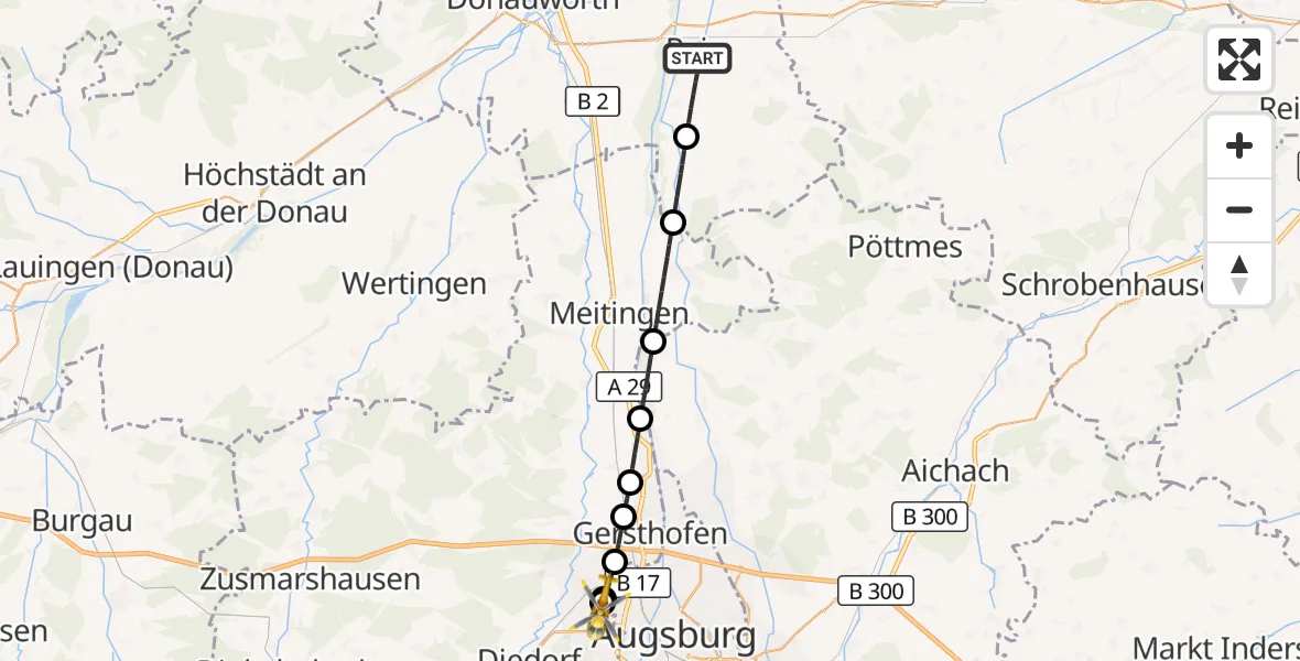 Flugroute Rettungshubschrauber Rain - Augsburg University Hospital, 10 Juli 2026, 07:24