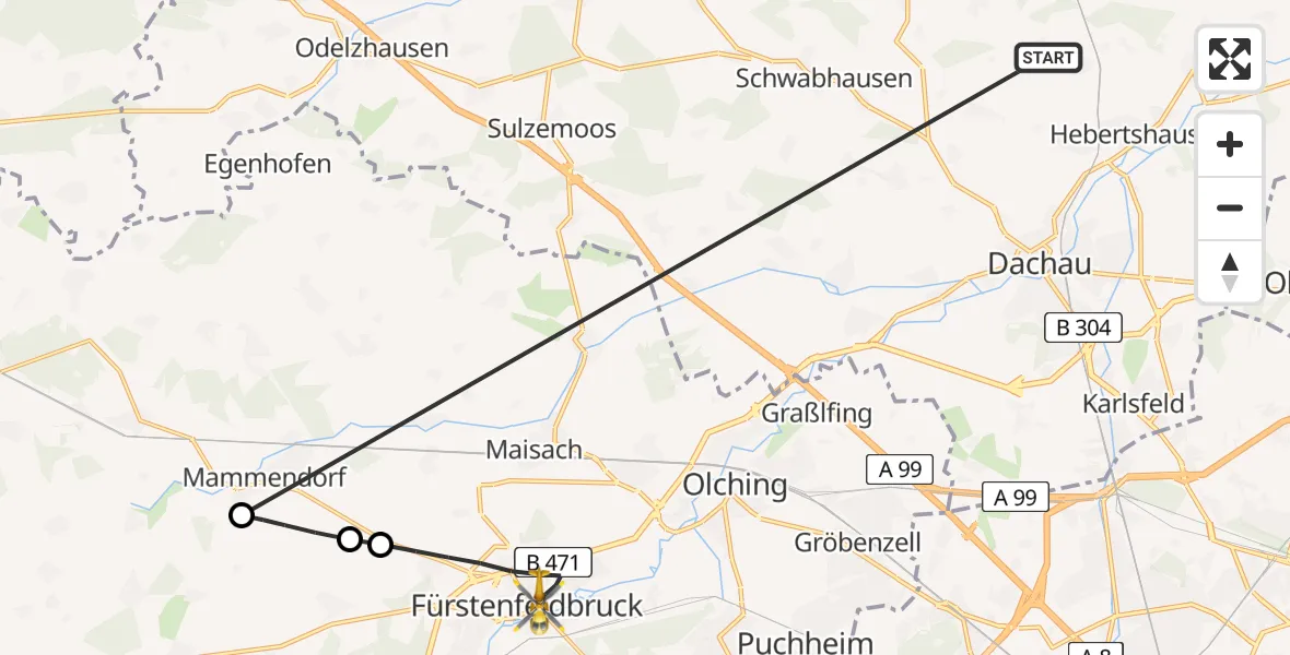 Flugroute Rettungshubschrauber Röhrmoos - Fürstenfeldbruck, 10 Juli 2026, 07:24