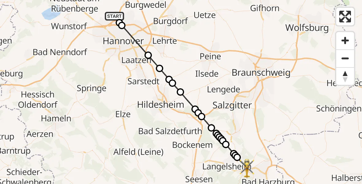 Flugroute Rettungshubschrauber Flughafen Hannover - Goslar, 10 Juli 2026, 07:27