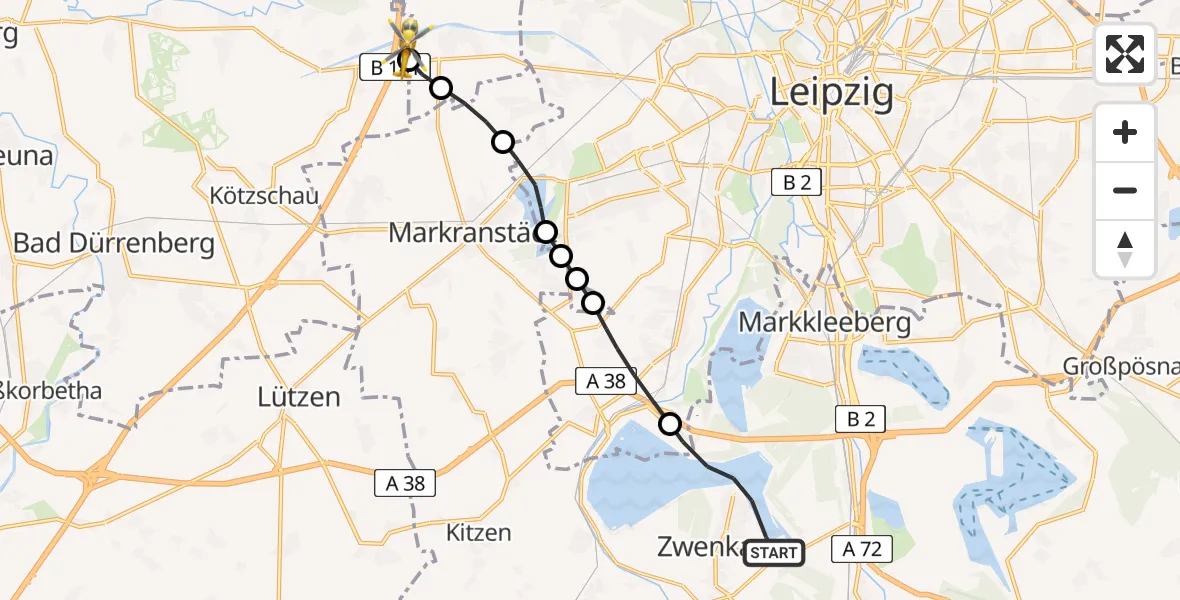 Flugroute Rettungshubschrauber Zwenkau - ADAC Air Rescue Station Leipzig/Schkeuditz-Dölzig Hubschrauberlandeplatz (Christoph 61), 10 Juli 2026, 07:27