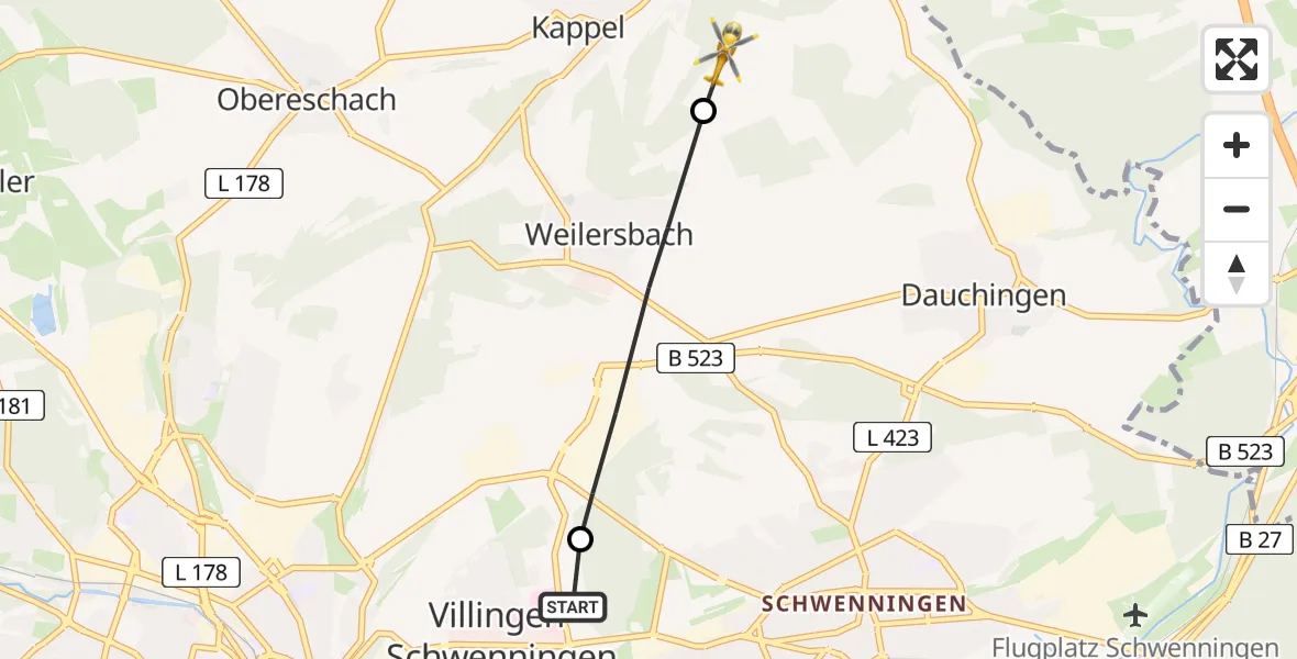 Flugroute Ambulanzhubschrauber DRF Air Rescue Station Villingen-Schwenningen Hubschrauberlandeplatz (Christoph 11) - Niedereschach, 10 Juli 2026, 07:30