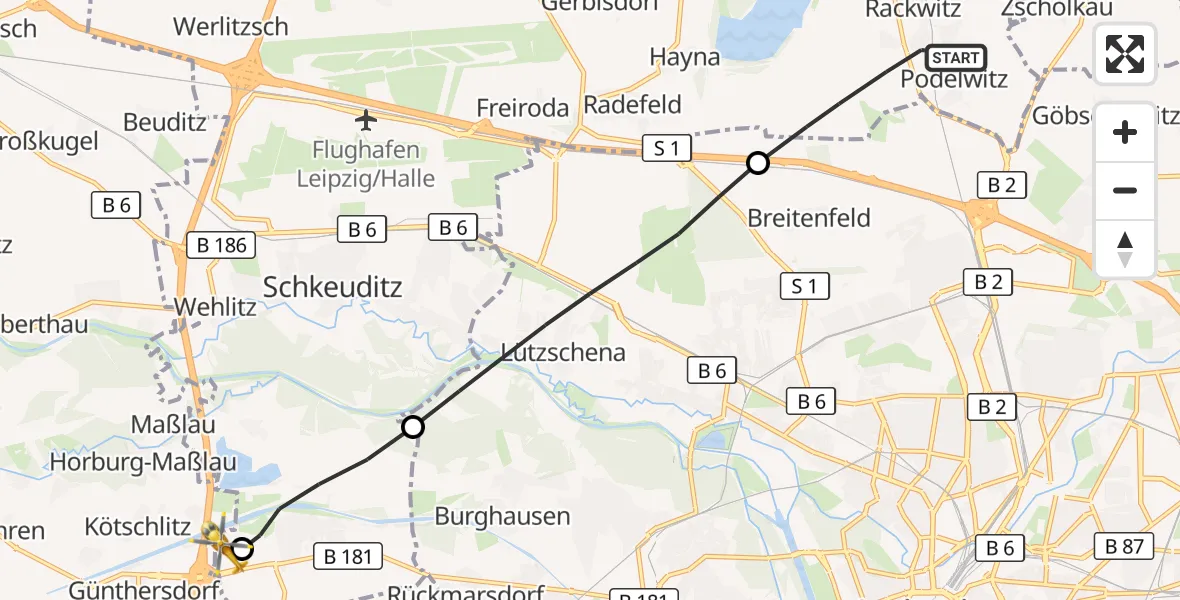 Flugroute Rettungshubschrauber Rackwitz - ADAC Air Rescue Station Leipzig/Schkeuditz-Dölzig Hubschrauberlandeplatz (Christoph 61), 10 Juli 2026, 07:33