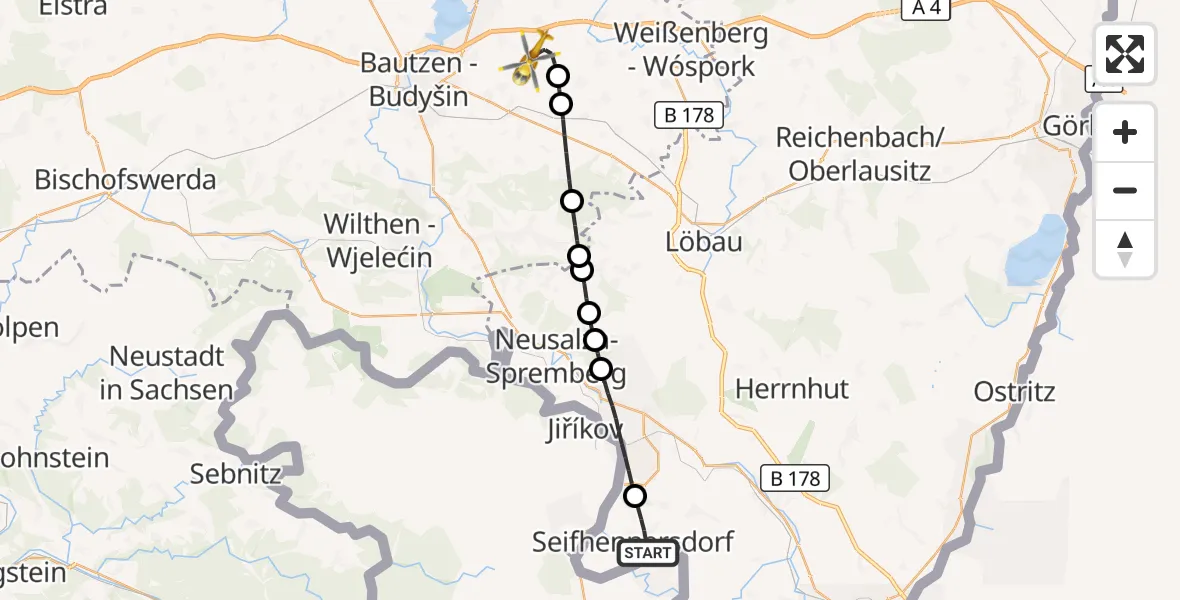 Flugroute Rettungshubschrauber Seifhennersdorf - Bautzen Flugplatz, 10 Juli 2026, 07:34