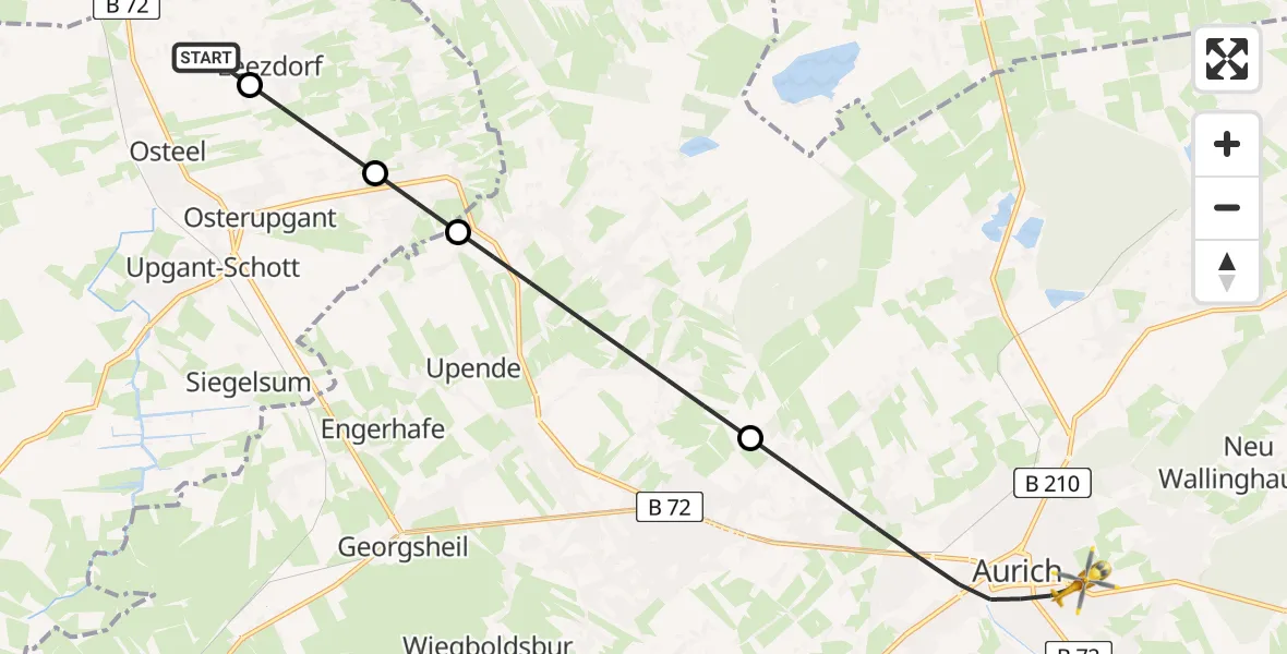 Flugroute Rettungshubschrauber Osteel - Aurich, 10 Juli 2026, 07:35