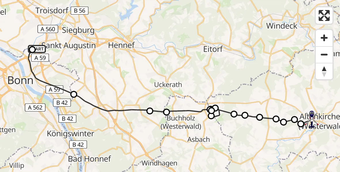 Flugroute Polizeihubschrauber Sankt Augustin - Altenkirchen (Westerwald), 10 Juli 2026, 07:36
