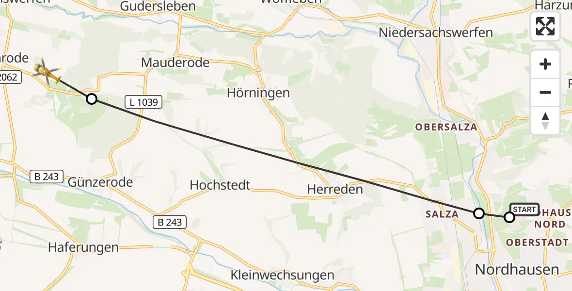 Flugroute Rettungshubschrauber Südharz Hospital Nordhausen - Hohenstein, 10 Juli 2026, 07:40