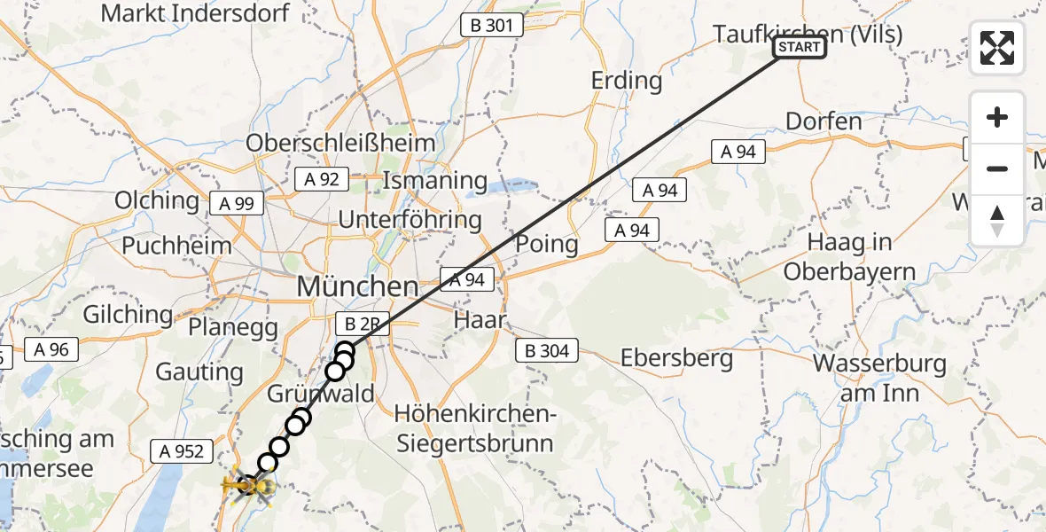 Flugroute Rettungshubschrauber Taufkirchen (Vils) - Icking, 10 Juli 2026, 07:47