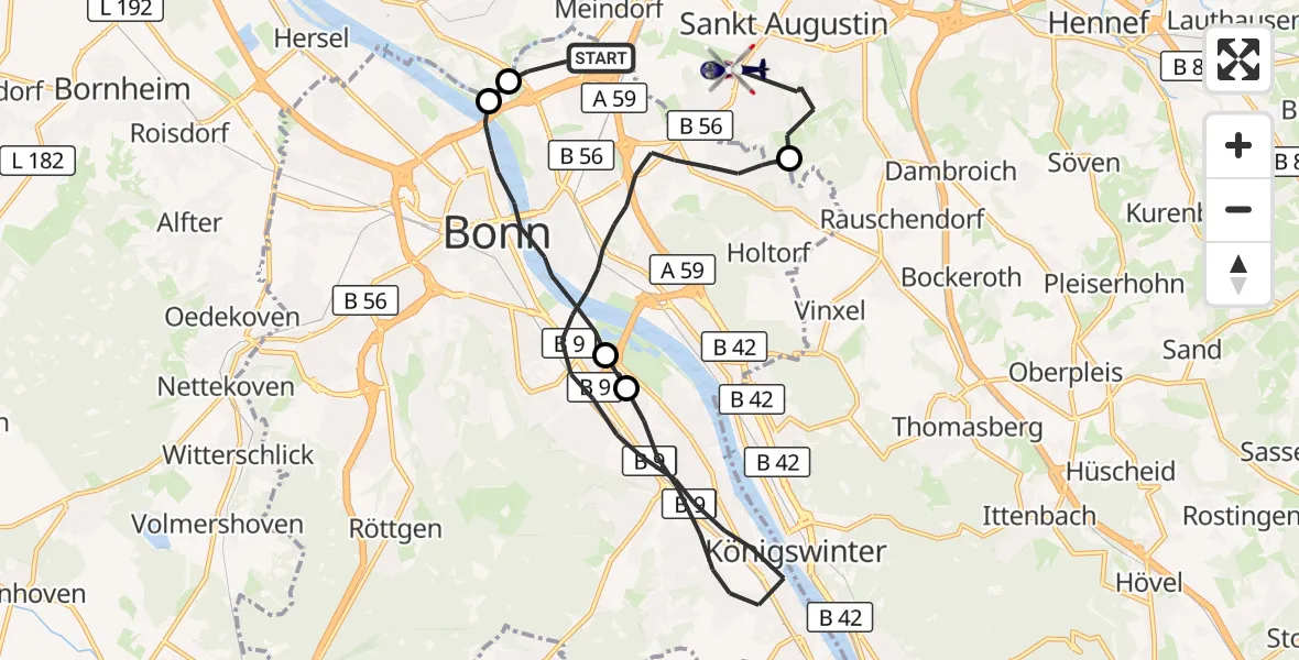 Flugroute Polizeihubschrauber Bonn - Sankt Augustin, 10 Juli 2026, 07:51