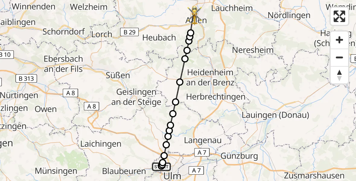 Flugroute Rettungshubschrauber Ulm Military Hospital Emergency - Aalen, 10 Juli 2026, 07:54