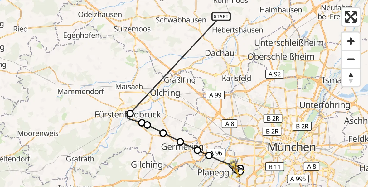 Flugroute Rettungshubschrauber Röhrmoos - DRF Air Rescue München Hubschrauberlandeplatz, 10 Juli 2026, 07:54