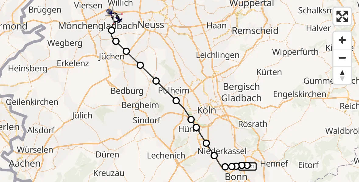 Flugroute Polizeihubschrauber Bonn-Hangelar Flugplatz - Mönchengladbach Flughafen, 10 Juli 2026, 07:55