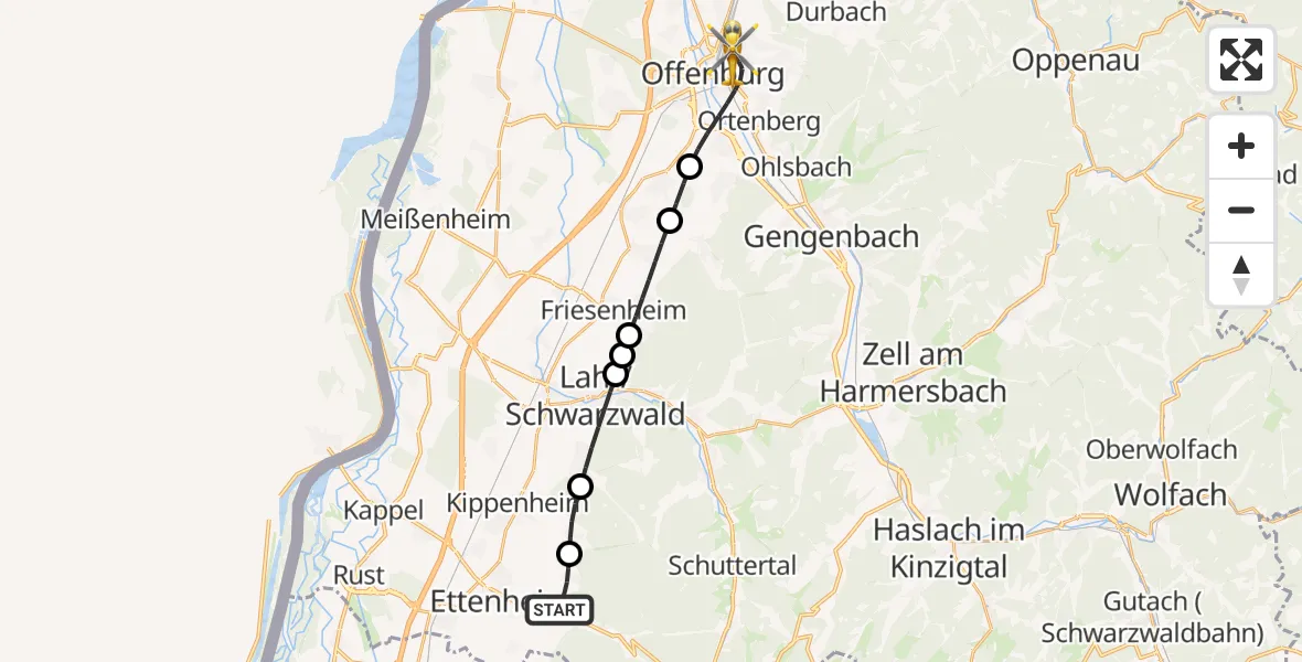 Flugroute Rettungshubschrauber Ettenheim - Offenburg, 10 Juli 2026, 08:01