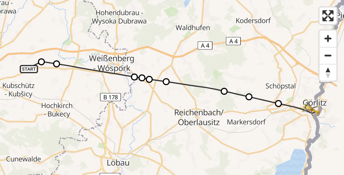 Flugroute Rettungshubschrauber Bautzen Flugplatz - Görlitz, 10 Juli 2026, 08:02