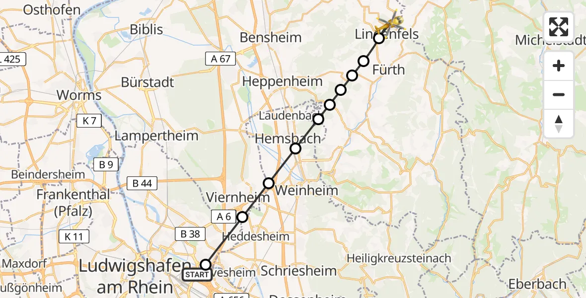 Flugroute Rettungshubschrauber Mannheim-City Flughafen - Lindenfels, 10 Juli 2026, 08:08