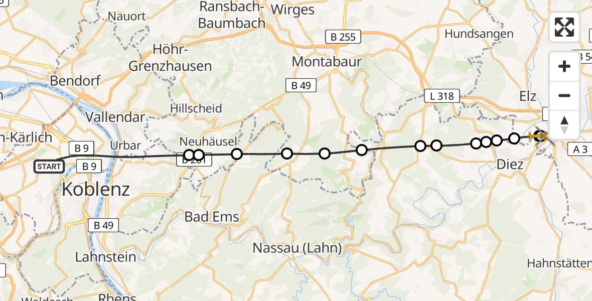 Flugroute Rettungshubschrauber Koblenz - Saint Vincent Hospital Limburg, 10 Juli 2026, 08:09