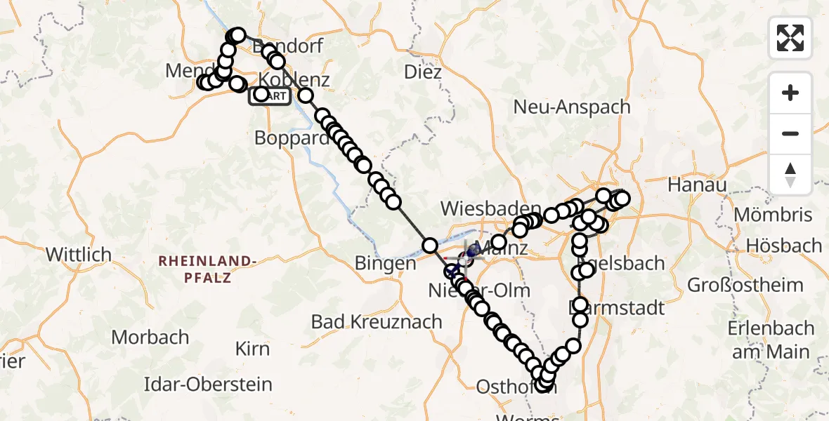 Flugroute Polizeihubschrauber Winningen - Mainz-Finthen Flugplatz, 10 Juli 2026, 08:19