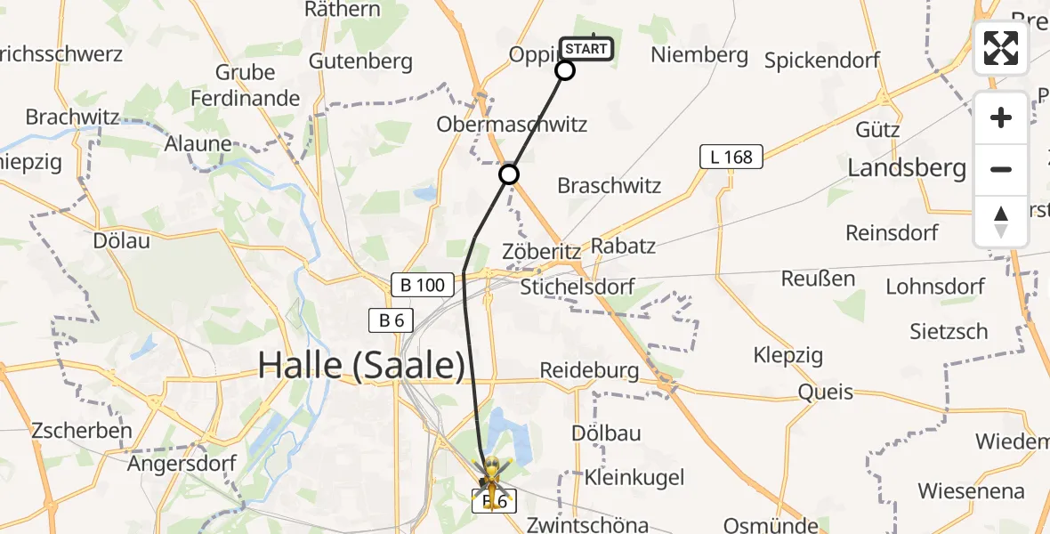 Flugroute Rettungshubschrauber Halle-Oppin Flugplatz - Halle (Saale), 10 Juli 2026, 08:21