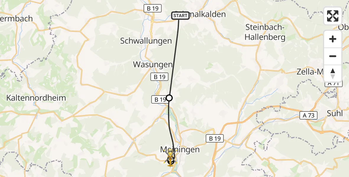 Flugroute Rettungshubschrauber Schmalkalden - Helios Clinic Meiningen, 10 Juli 2026, 08:21