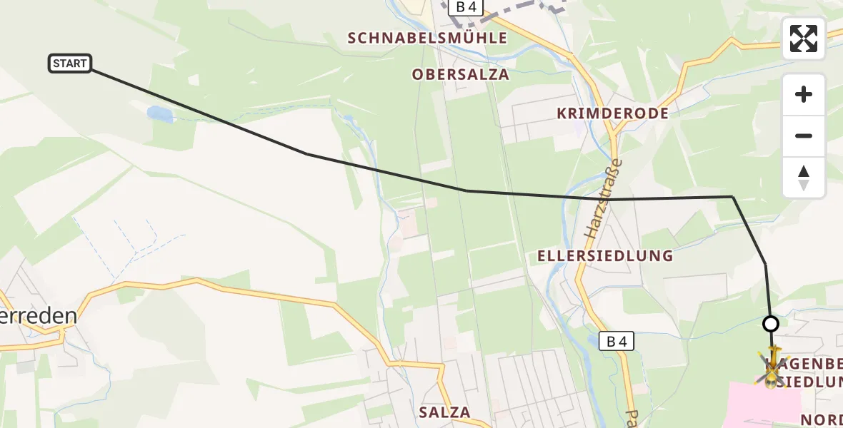 Flugroute Rettungshubschrauber Nordhausen - Südharz Hospital Nordhausen, 10 Juli 2026, 08:22