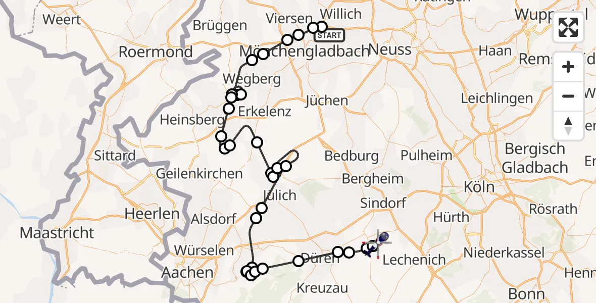 Flugroute Polizeihubschrauber Mönchengladbach Flughafen - Militärflugplatz Nörvenich, 10 Juli 2026, 08:23