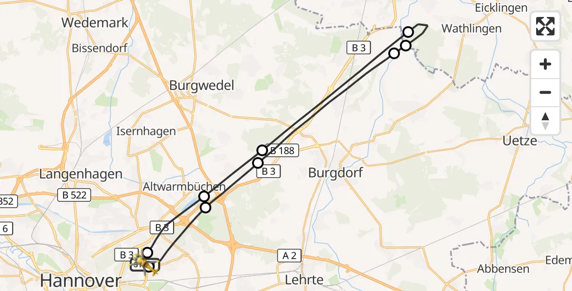 Flugroute Rettungshubschrauber Hannover Luftrettung Hubschrauberlandeplatz (Christoph 4) - Hannover Luftrettung Hubschrauberlandeplatz (Christoph 4), 10 Juli 2026, 08:23