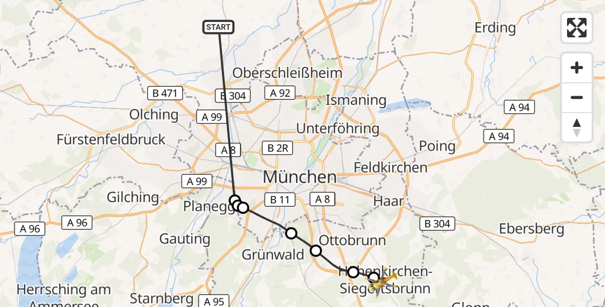 Flugroute Rettungshubschrauber Röhrmoos - Höhenkirchen-Siegertsbrunn, 10 Juli 2026, 08:26
