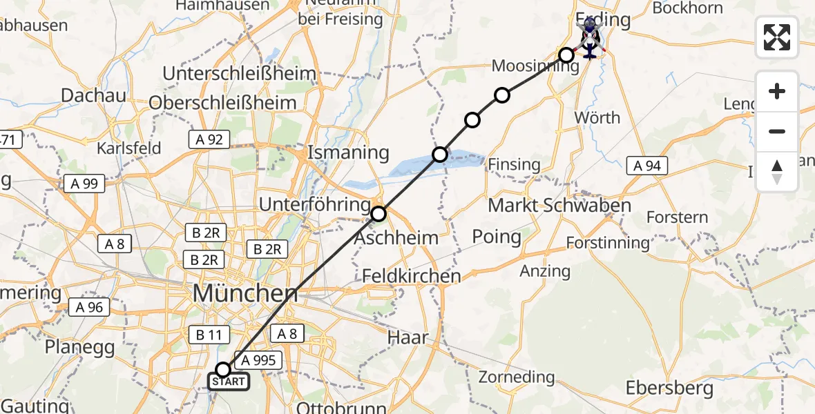 Flugroute Polizeihubschrauber ADAC Air Rescue Center Hubschrauberlandeplatz (Christoph 1) - Erding District Hospital, 10 Juli 2026, 08:28