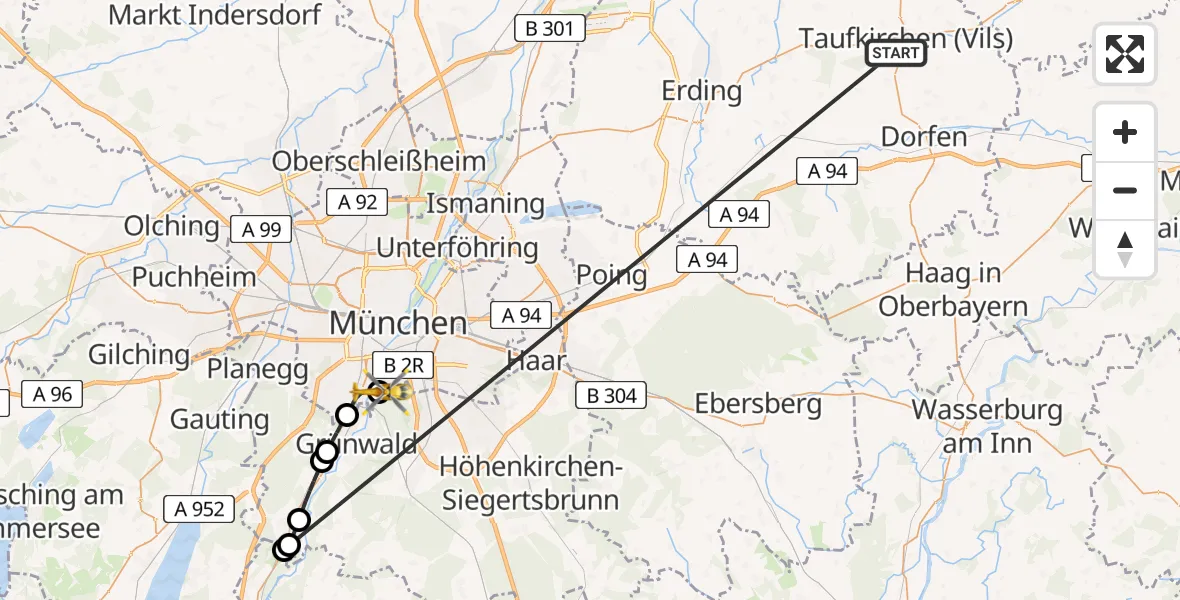 Flugroute Rettungshubschrauber Taufkirchen (Vils) - ADAC Air Rescue Center Hubschrauberlandeplatz (Christoph 1), 10 Juli 2026, 08:33