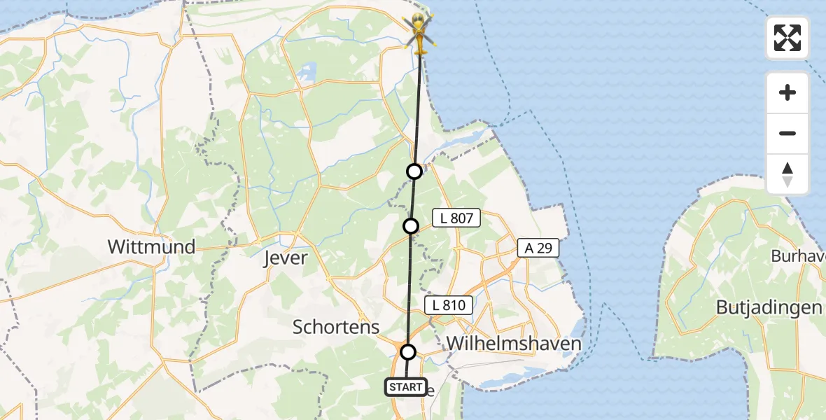 Flugroute Rettungshubschrauber Sande - Wangerland, 10 Juli 2026, 08:34
