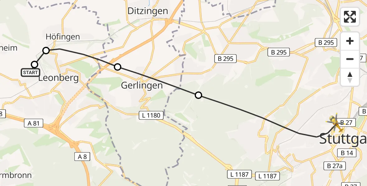 Flugroute Rettungshubschrauber Leonberg Hospital - Stuttgart, 10 Juli 2026, 08:36