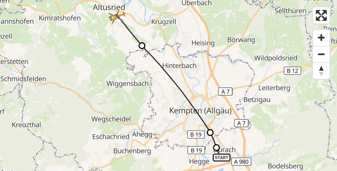 Flugroute Rettungshubschrauber Kempten-Durach Flugplatz - Altusried, 10 Juli 2026, 08:36