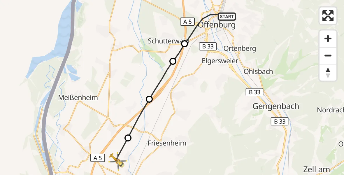Flugroute Rettungshubschrauber Offenburg - Lahr Flughafen, 10 Juli 2026, 08:38