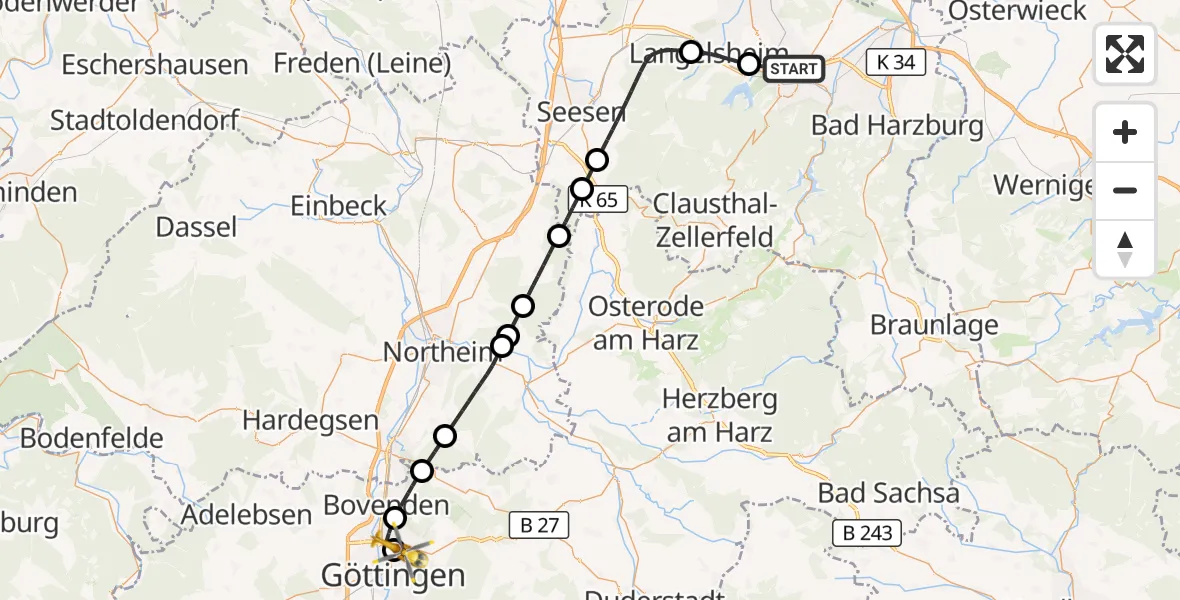 Flugroute Rettungshubschrauber Goslar - Göttingen University Clinic Hubschrauberlandeplatz, 10 Juli 2026, 08:38